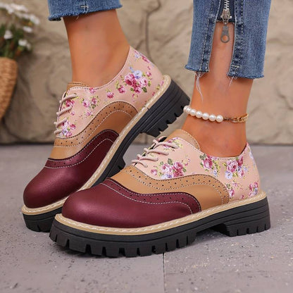 Chaussures à lacets à motif floral pour femmes, style brogue, à semelle épaisse
