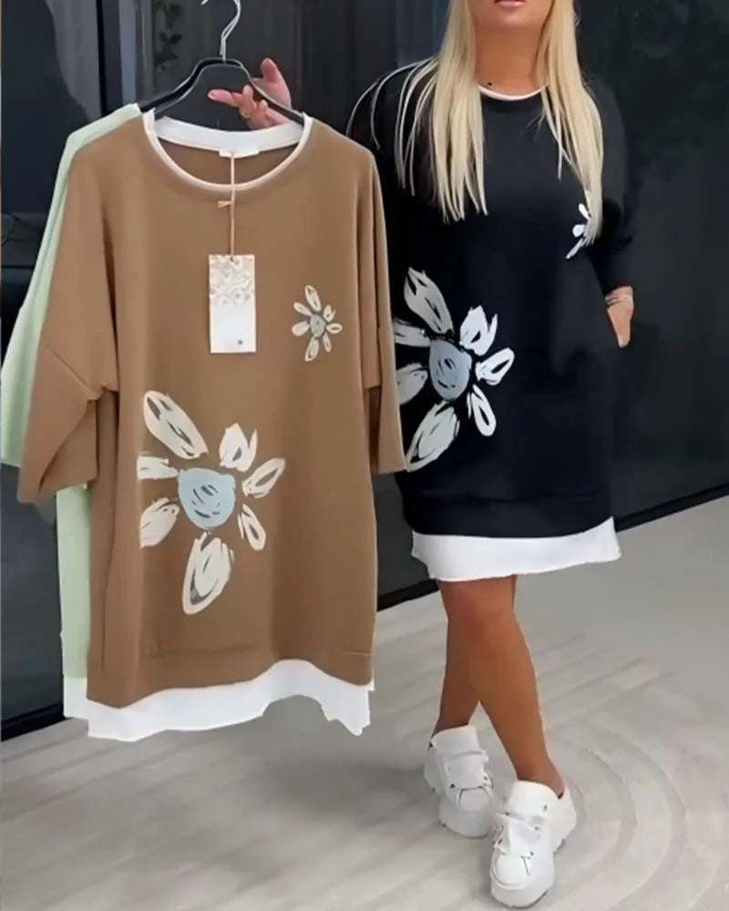 Robe sweat-shirt patchwork imprimée décontractée pour femme
