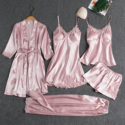 Ensemble de nuit 5 pièces pour femme avec bordure en dentelle soyeuse