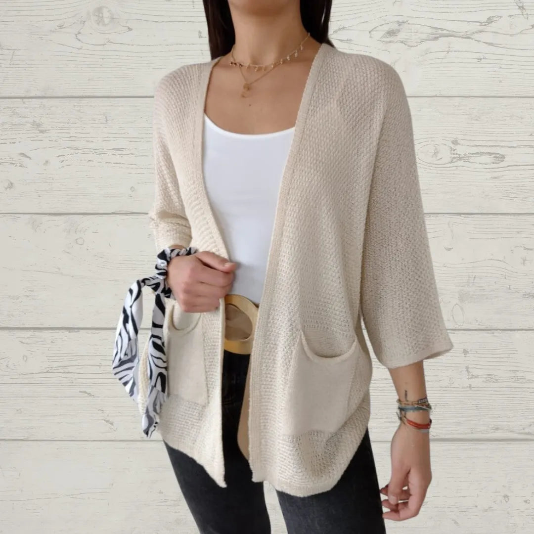 Cardigan à manches 3/4, ouverture sur le devant et poches pour femmes