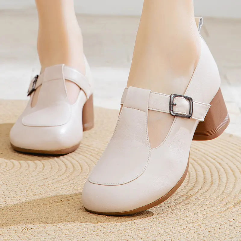 Chaussures rétro pour femmes à bout rond et talon épais avec bride