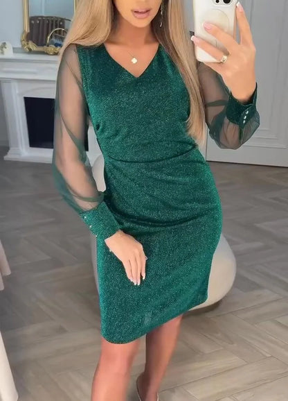 Robe à manches en résille et col en V scintillant pour femme, longueur genou