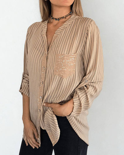 Chemise à rayures à sequins pour femme avec poche boutonnée