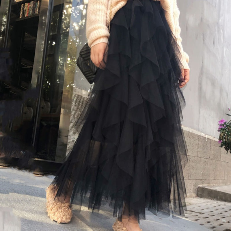 Jupe longue asymétrique à volants superposés pour femme