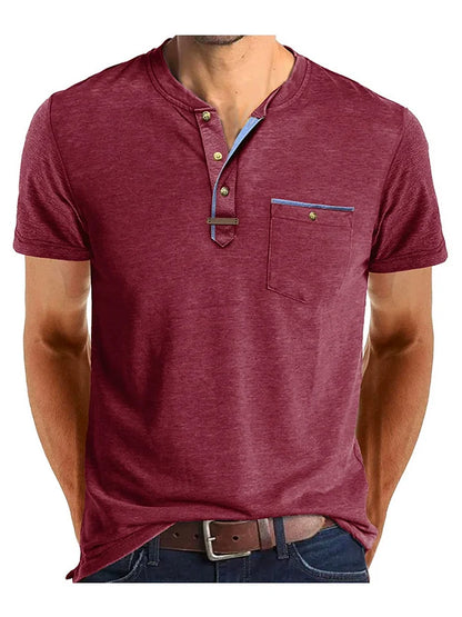T-shirt Henley à manches courtes pour homme avec poche poitrine
