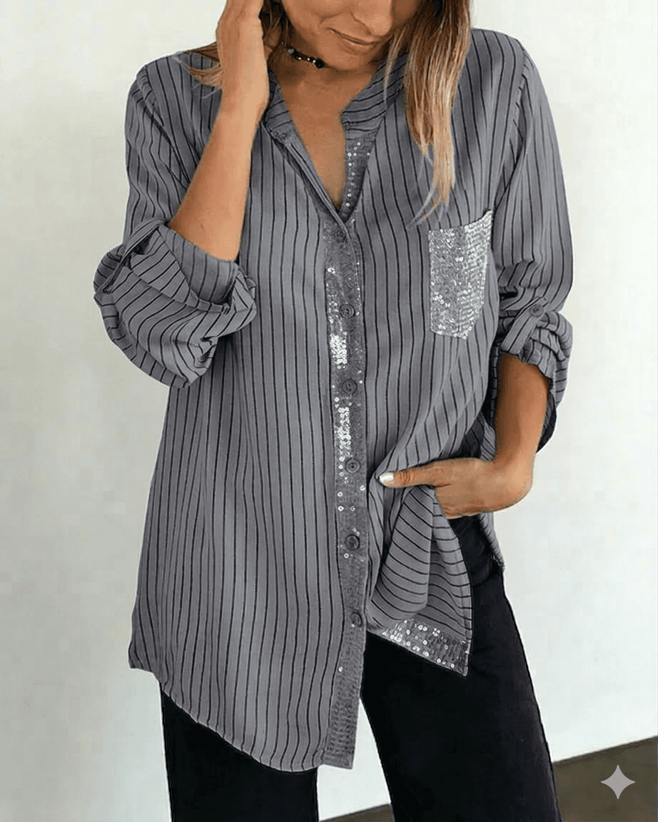 Chemise à rayures à sequins pour femme avec poche boutonnée