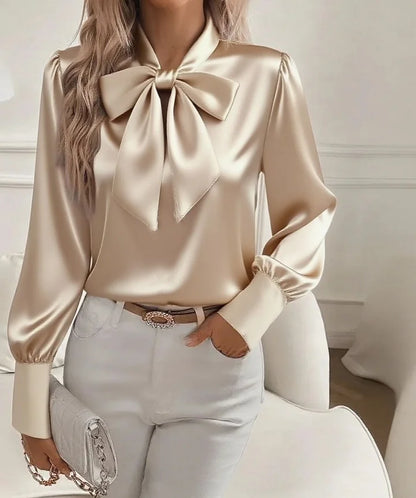 Chemisier en satin pour femme, col en V et nœud papillon