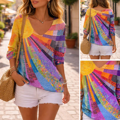 Chemisier coloré à col en V et motif patchwork pour femme