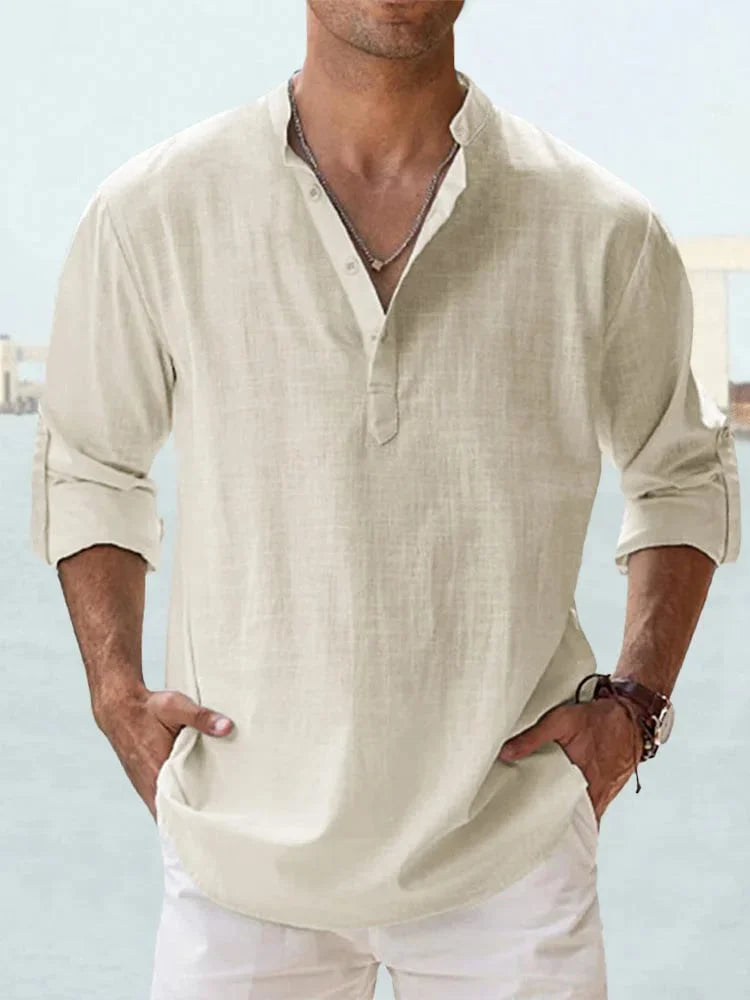 Chemise décontractée à col Henley et manches longues en coton pour homme