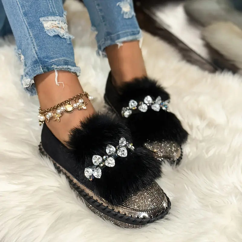 Mocassins de luxe pour femmes, en fourrure et paillettes, confortables