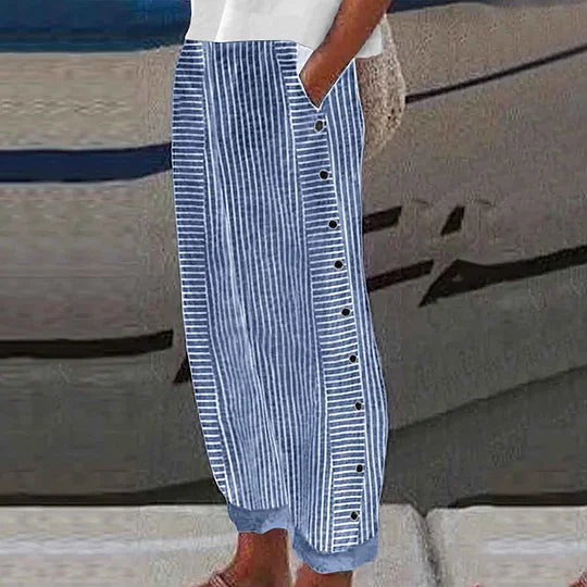 Pantalon léger à rayures bleues pour femme avec poches latérales