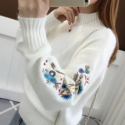 🔥 Pull en maille épaisse effet cachemire avec broderie florale