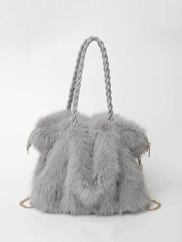 Sac cabas bandoulière en fausse fourrure avec anse tressée pour femme