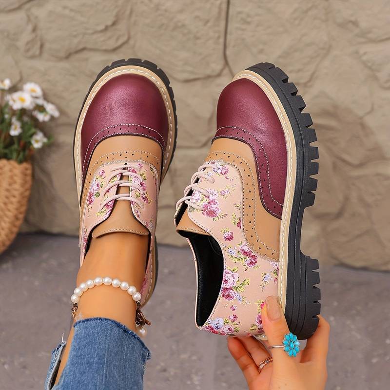 Chaussures à lacets à motif floral pour femmes, style brogue, à semelle épaisse