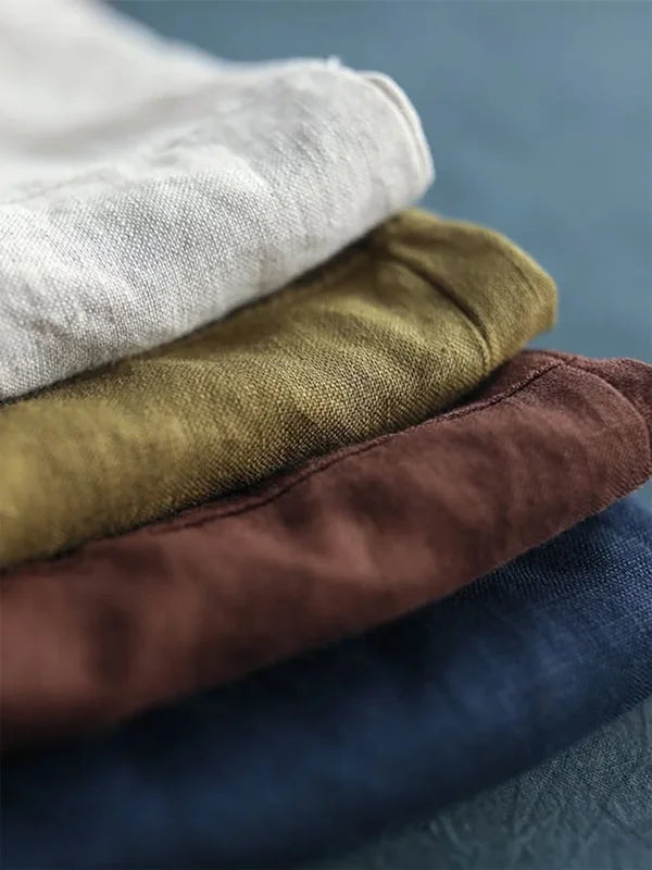 Chemise décontractée à revers multicolore en coton et lin pour femme