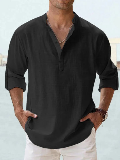 Chemise décontractée à col Henley et manches longues en coton pour homme