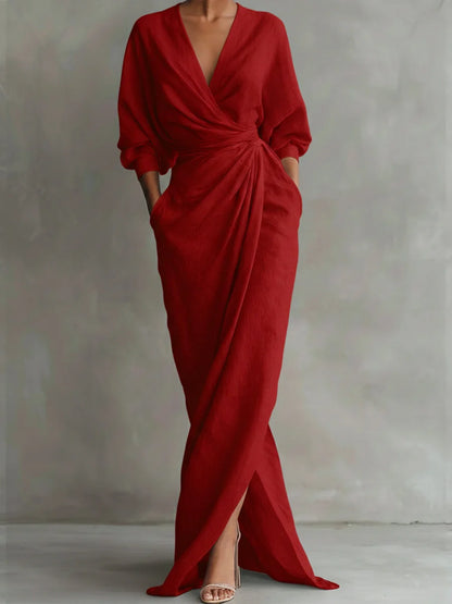 Robe portefeuille extra longue en lin et coton pour femme