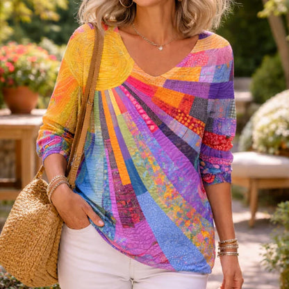 Chemisier coloré à col en V et motif patchwork pour femme
