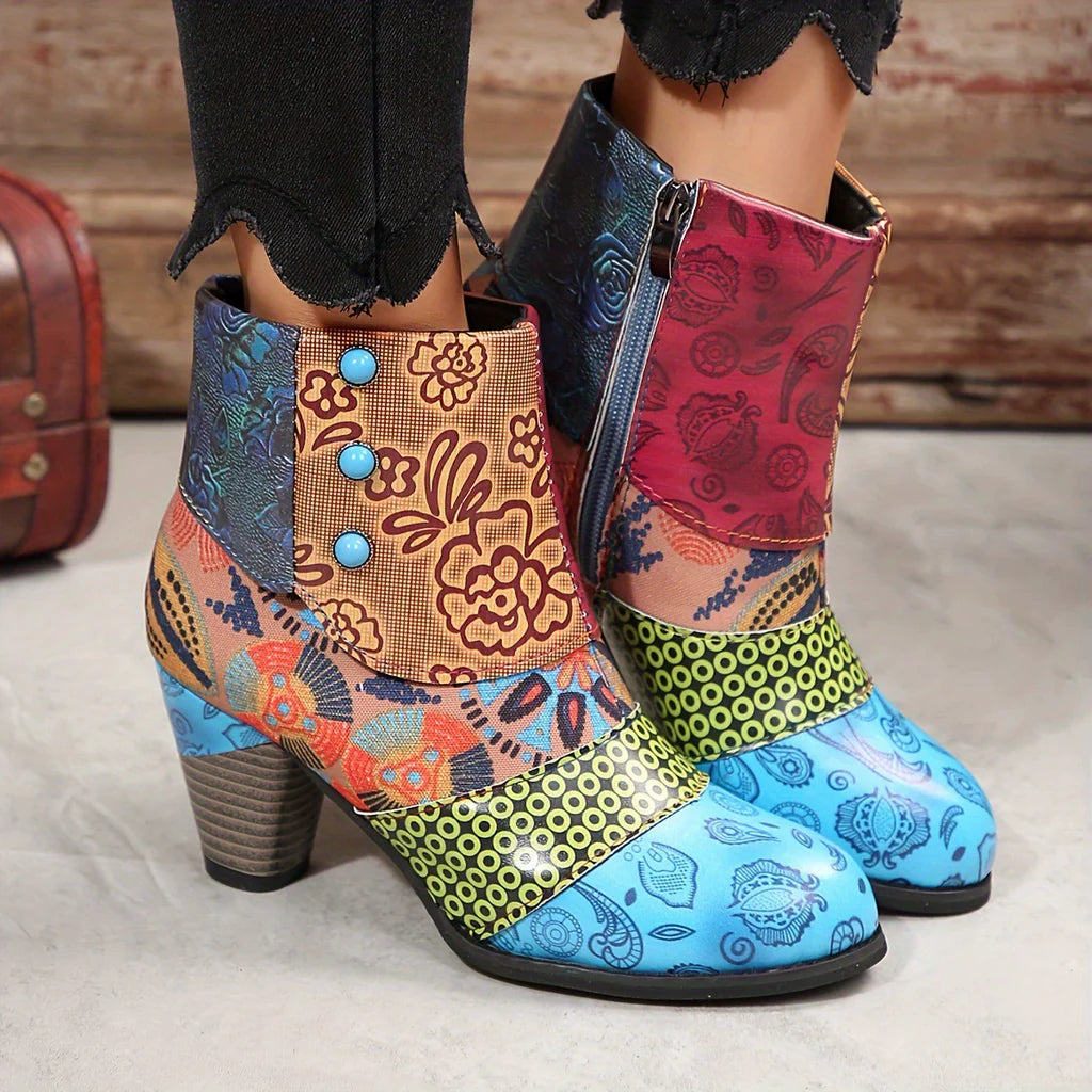 Bottines à fermeture éclair latérale et imprimé patchwork pour femmes