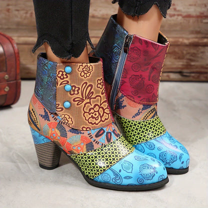 Bottines à fermeture éclair latérale et imprimé patchwork pour femmes
