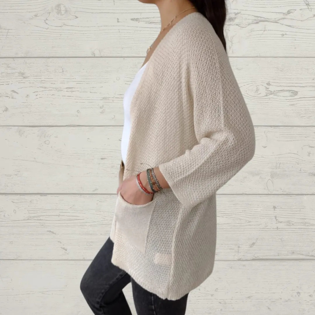 Cardigan à manches 3/4, ouverture sur le devant et poches pour femmes