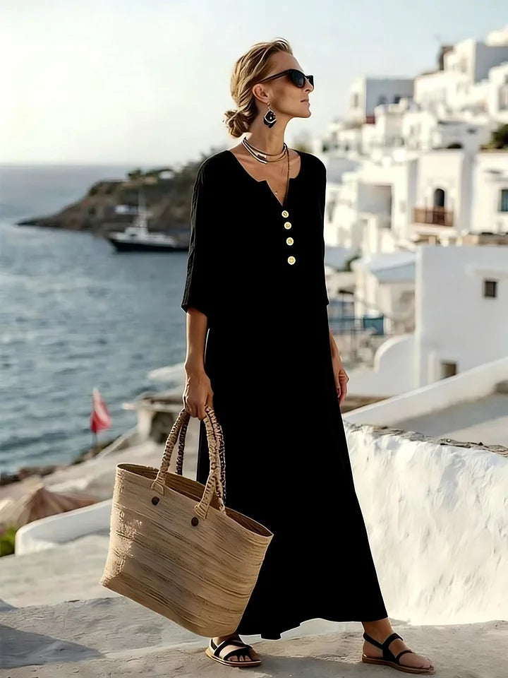 Robe midi décontractée à col en V et boutons décoratifs pour femme