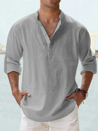 Chemise décontractée à col Henley et manches longues en coton pour homme