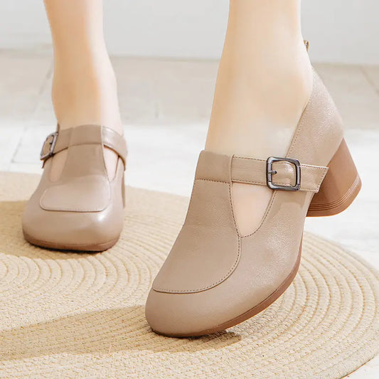 Chaussures rétro pour femmes à bout rond et talon épais avec bride