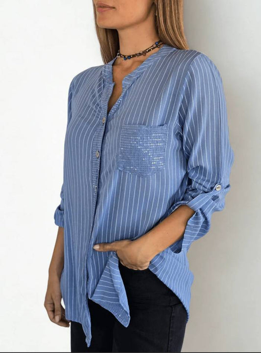 Chemise à rayures à sequins pour femme avec poche boutonnée