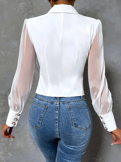 Chemisier Femme Élégant à Col Pointe et Manches Longues Transparentes