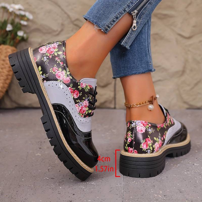 Chaussures à lacets à motif floral pour femmes, style brogue, à semelle épaisse