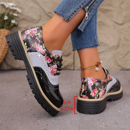 Chaussures à lacets à motif floral pour femmes, style brogue, à semelle épaisse