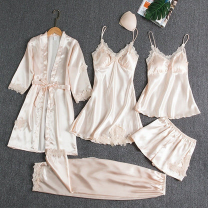 Ensemble de nuit 5 pièces pour femme avec bordure en dentelle soyeuse