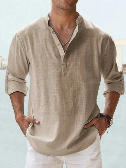 Chemise décontractée à col Henley et manches longues en coton pour homme