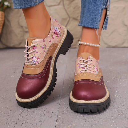 Chaussures à lacets à motif floral pour femmes, style brogue, à semelle épaisse