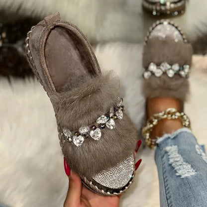 Mocassins de luxe pour femmes, en fourrure et paillettes, confortables