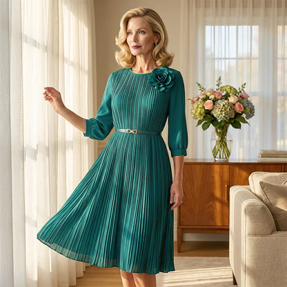 Robe midi plissée à manches 3/4 pour femme, avec ceinture à nouer
