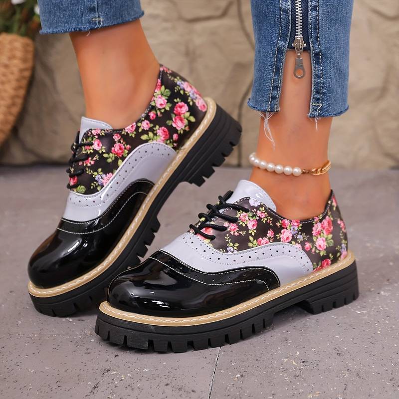 Chaussures à lacets à motif floral pour femmes, style brogue, à semelle épaisse