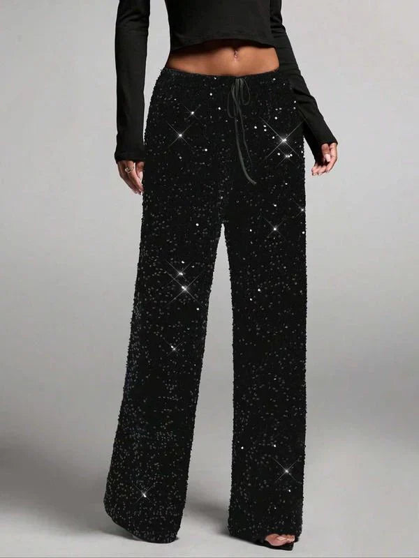 Pantalon de soirée à paillettes pour femme, jambes larges et taille élastique