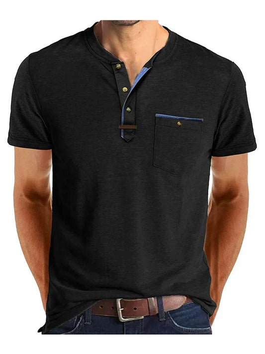 T-shirt Henley à manches courtes pour homme avec poche poitrine