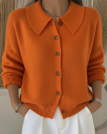 Pull en maille à col boutonné pour femme, couleur unie