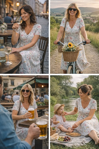 Robe midi vintage à fleurs et col en V pour femme