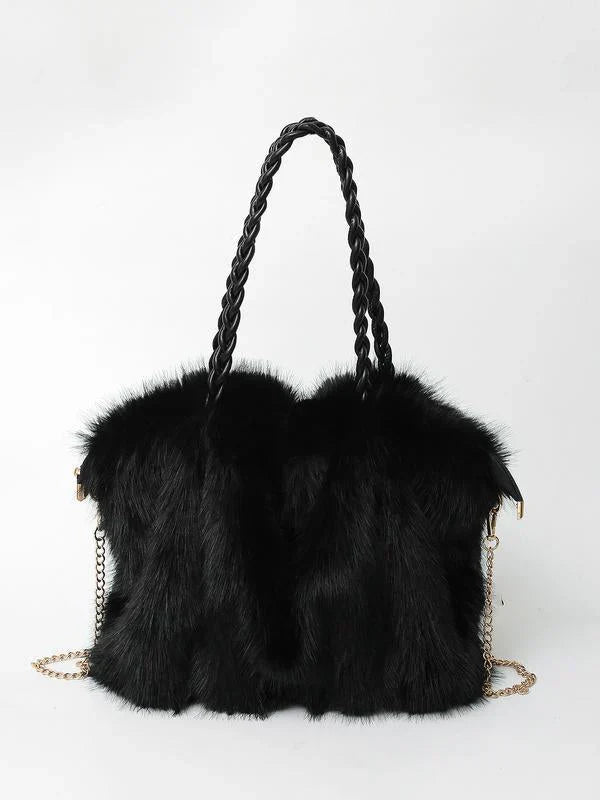 Sac cabas bandoulière en fausse fourrure avec anse tressée pour femme