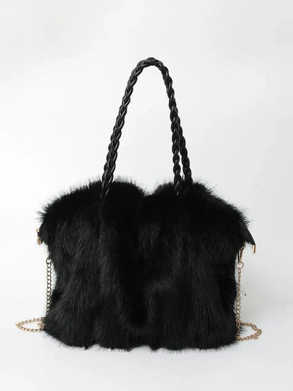Sac cabas bandoulière en fausse fourrure avec anse tressée pour femme