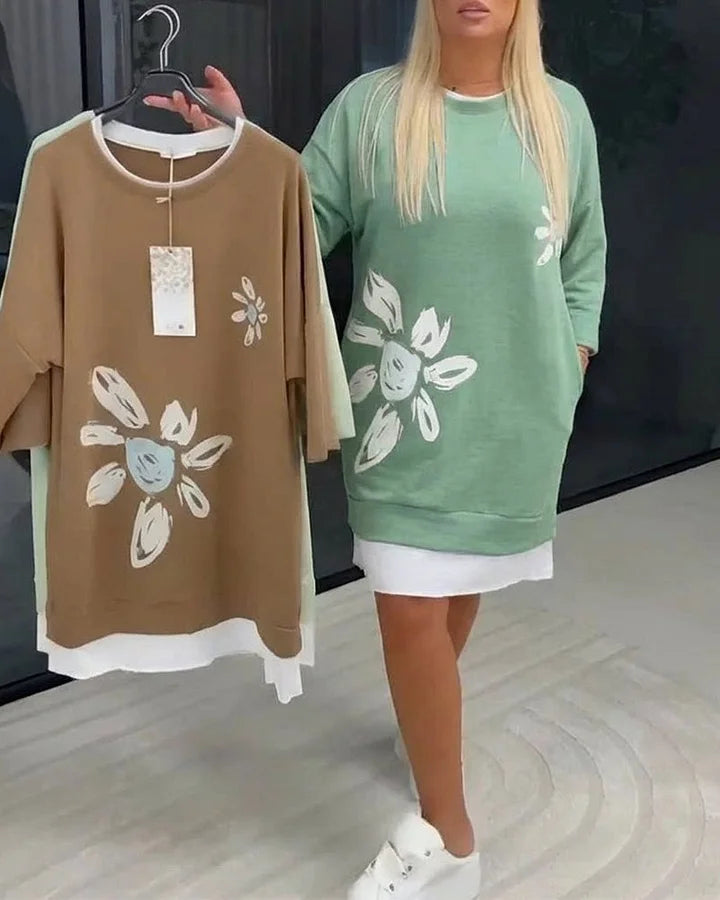 Robe sweat-shirt patchwork imprimée décontractée pour femme