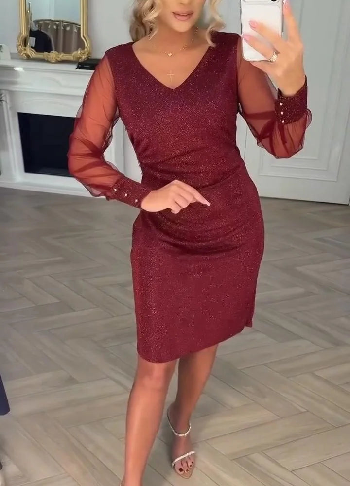 Robe à manches en résille et col en V scintillant pour femme, longueur genou
