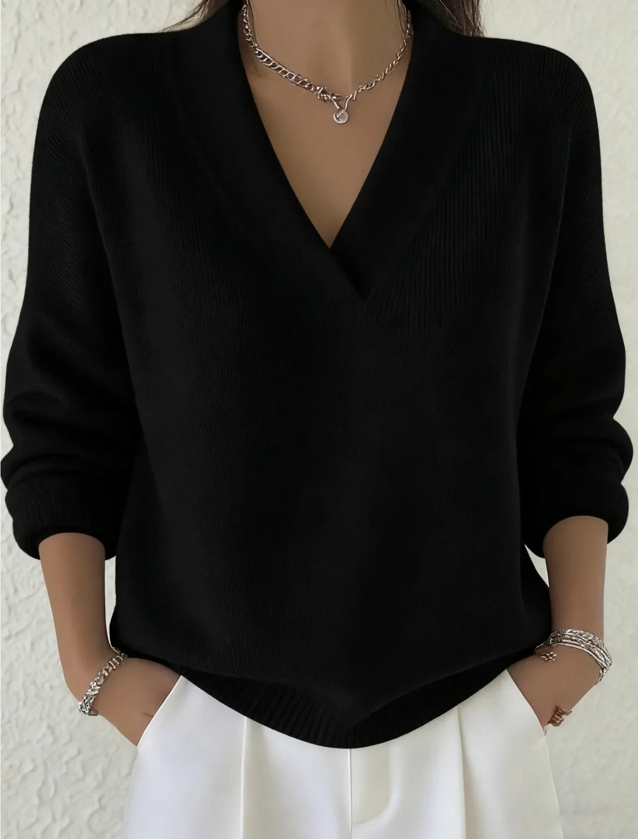 Pull décontracté en coton uni à col en V pour femme, arrivant sur les hanches