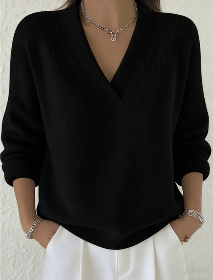 Pull décontracté en coton uni à col en V pour femme, arrivant sur les hanches