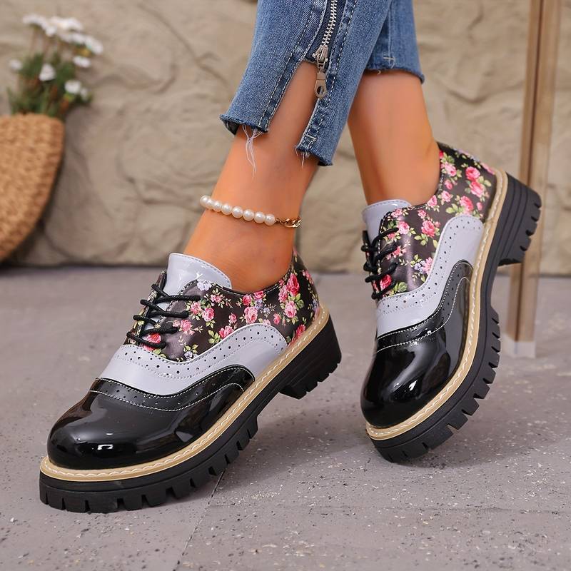 Chaussures à lacets à motif floral pour femmes, style brogue, à semelle épaisse