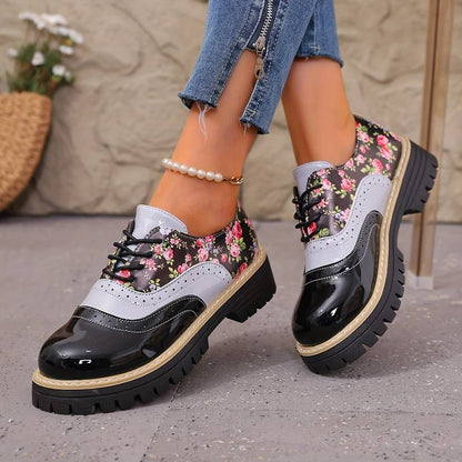 Chaussures à lacets à motif floral pour femmes, style brogue, à semelle épaisse